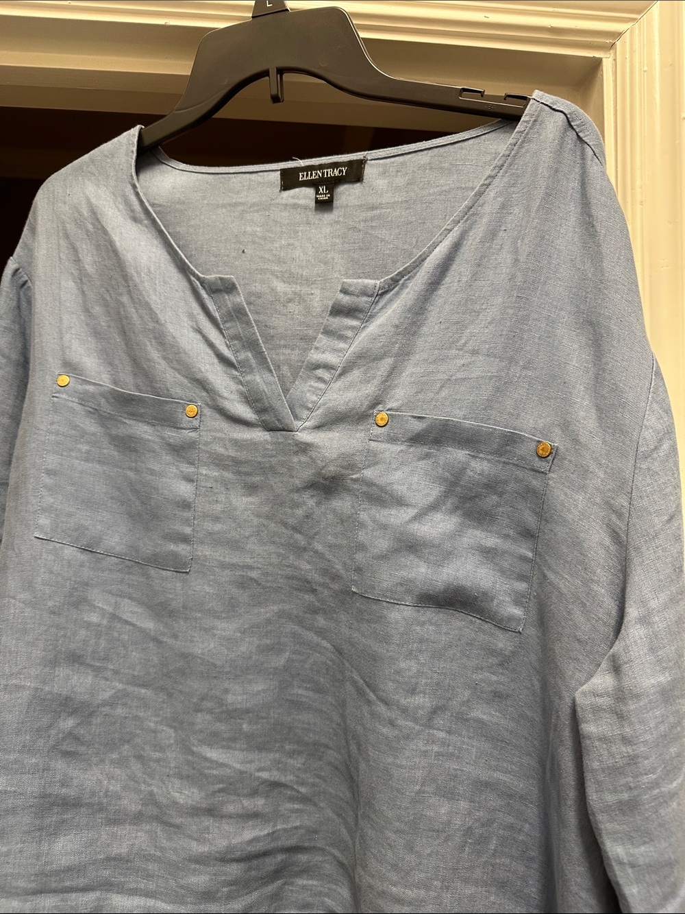 Ellen Tracy Pale Blue Linen-Blend Casual Button Down Shirt